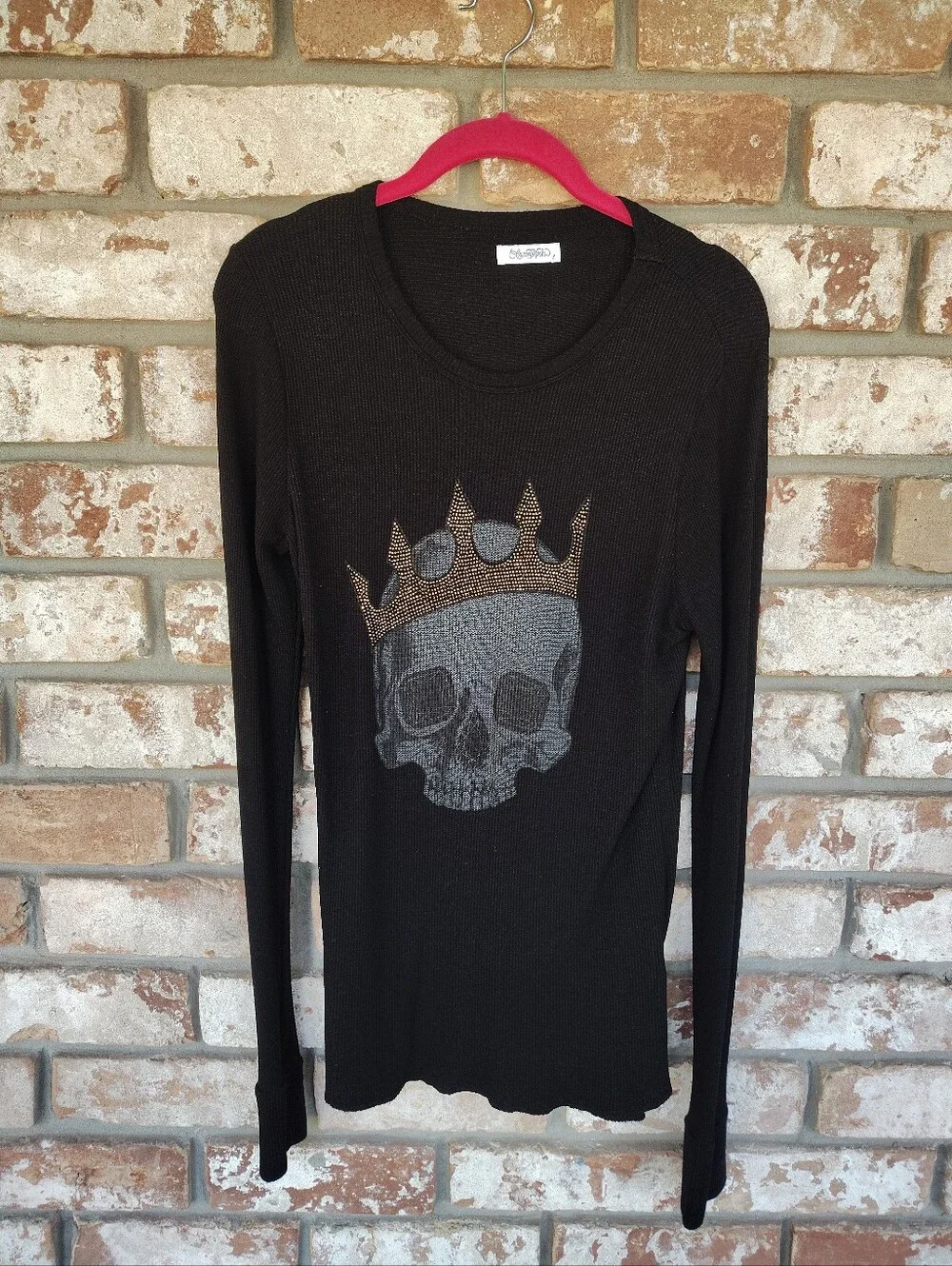LAUREN MOSHI McKinley Black Thermal Top Crystal Crown Skull Graphic Tee Size L